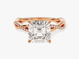Rose gold engagement ring with Asscher cut diamond and pave band