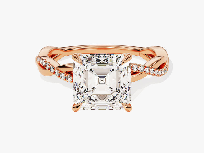 Rose gold engagement ring with Asscher cut diamond and pave band