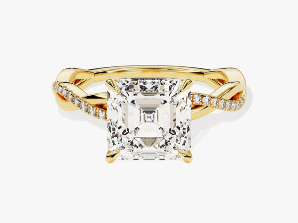 Gold engagement ring with asscher cut diamond and pave band