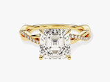 Gold engagement ring with asscher cut diamond and pave band