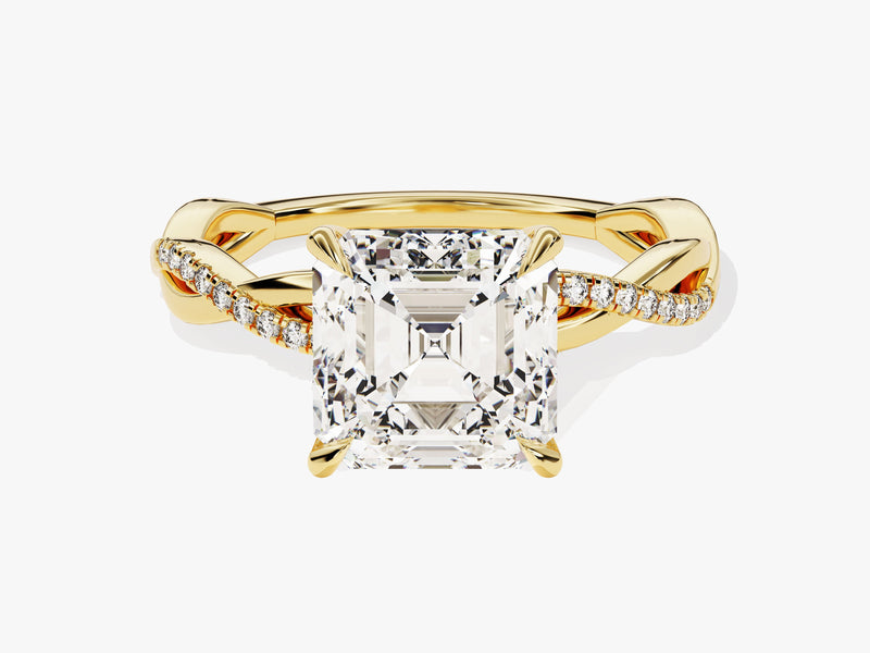 Gold engagement ring with asscher cut diamond and pave band