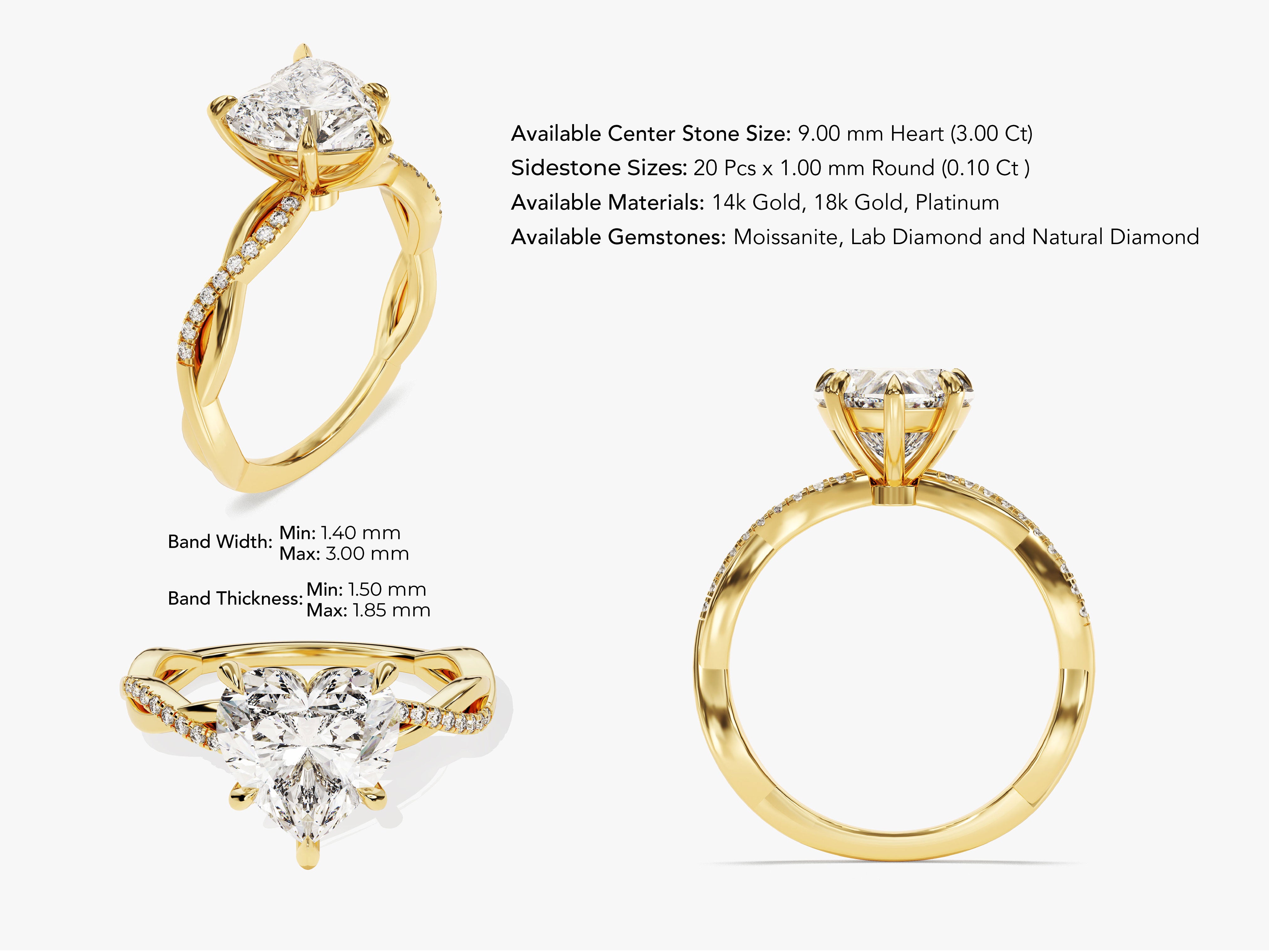 Heart Twisted Moissanite Engagement Ring with Pave Set Side Stones (3.00 CT)