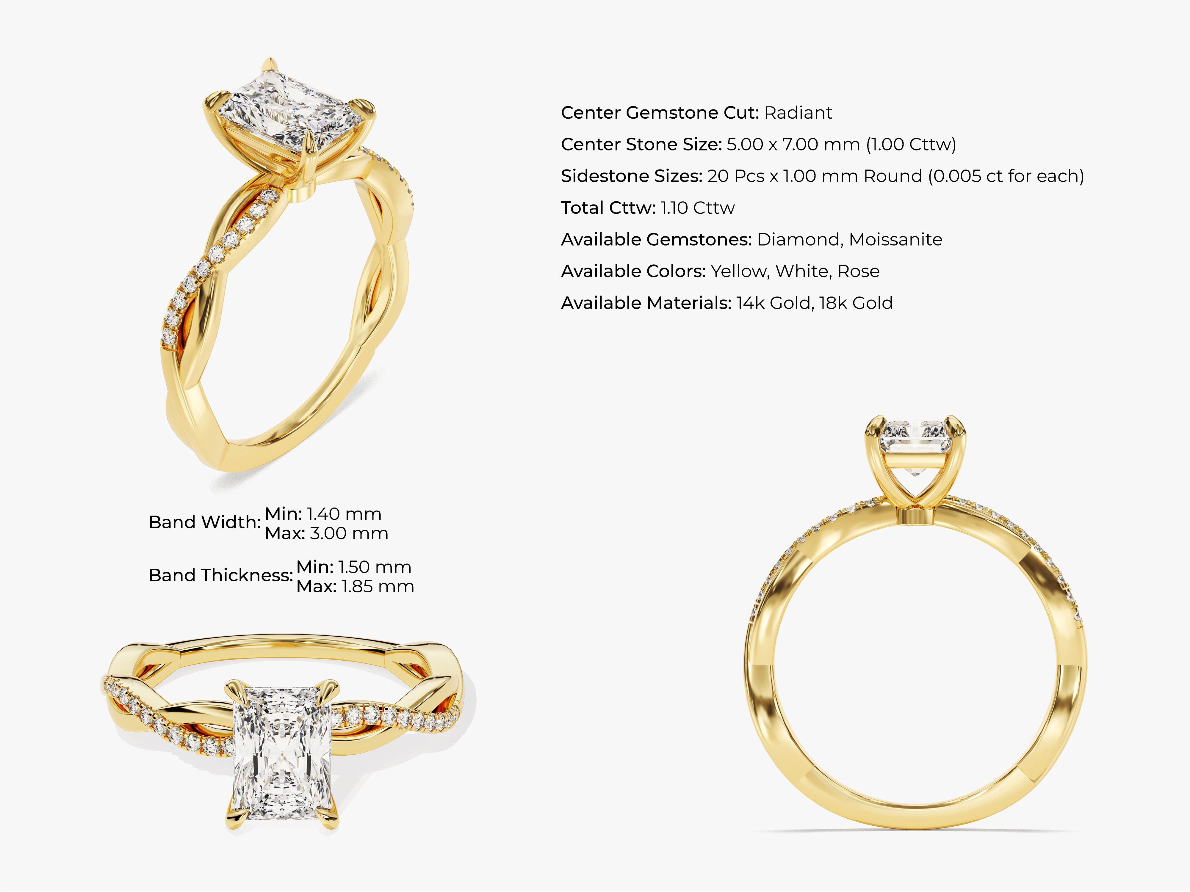 Radiant cut diamond engagement ring in 14k or 18k gold