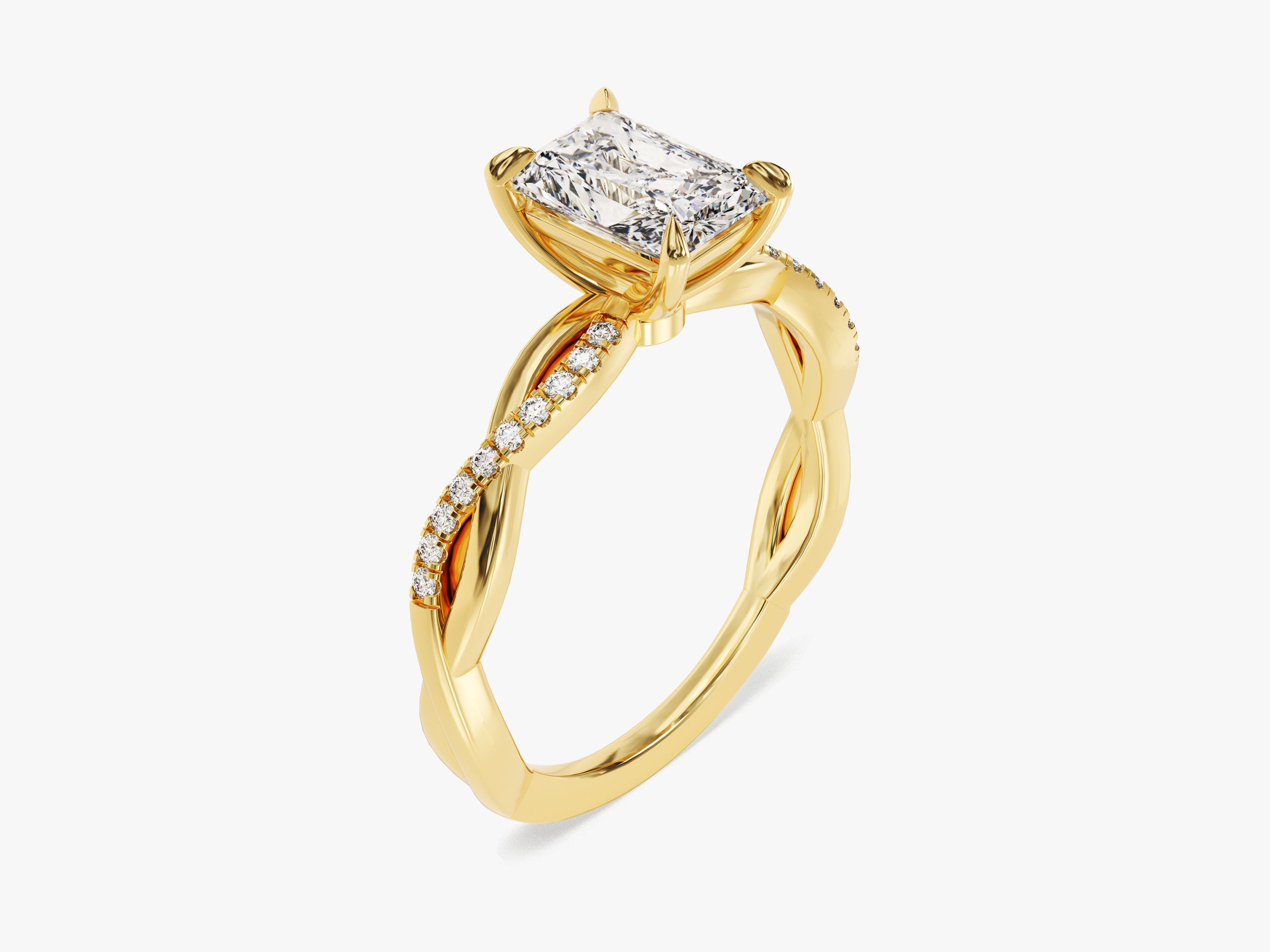 Gold engagement ring with princess cut diamond and pave band