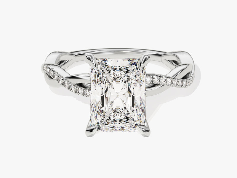 Radiant cut diamond engagement ring with twisted diamond band