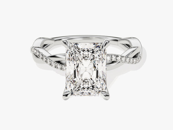 Radiant cut diamond engagement ring with twisted diamond band