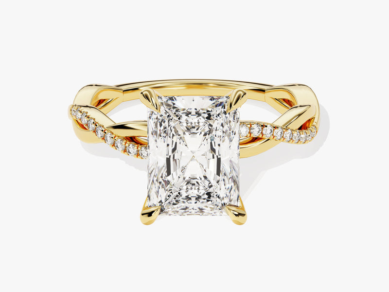 Gold twisted band engagement ring with radiant cut diamond
