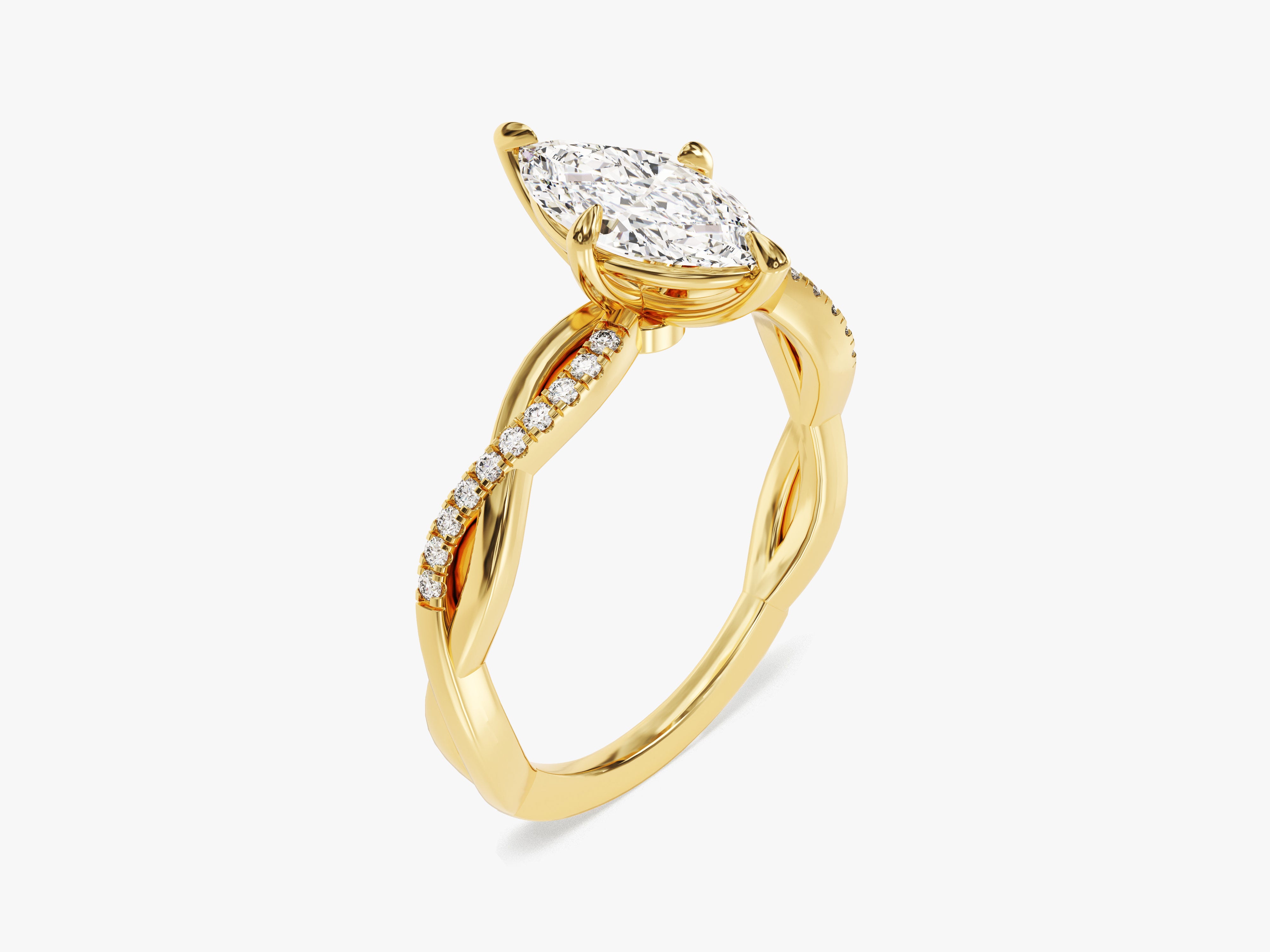 Marquise diamond engagement ring with twisted band and pave diamonds