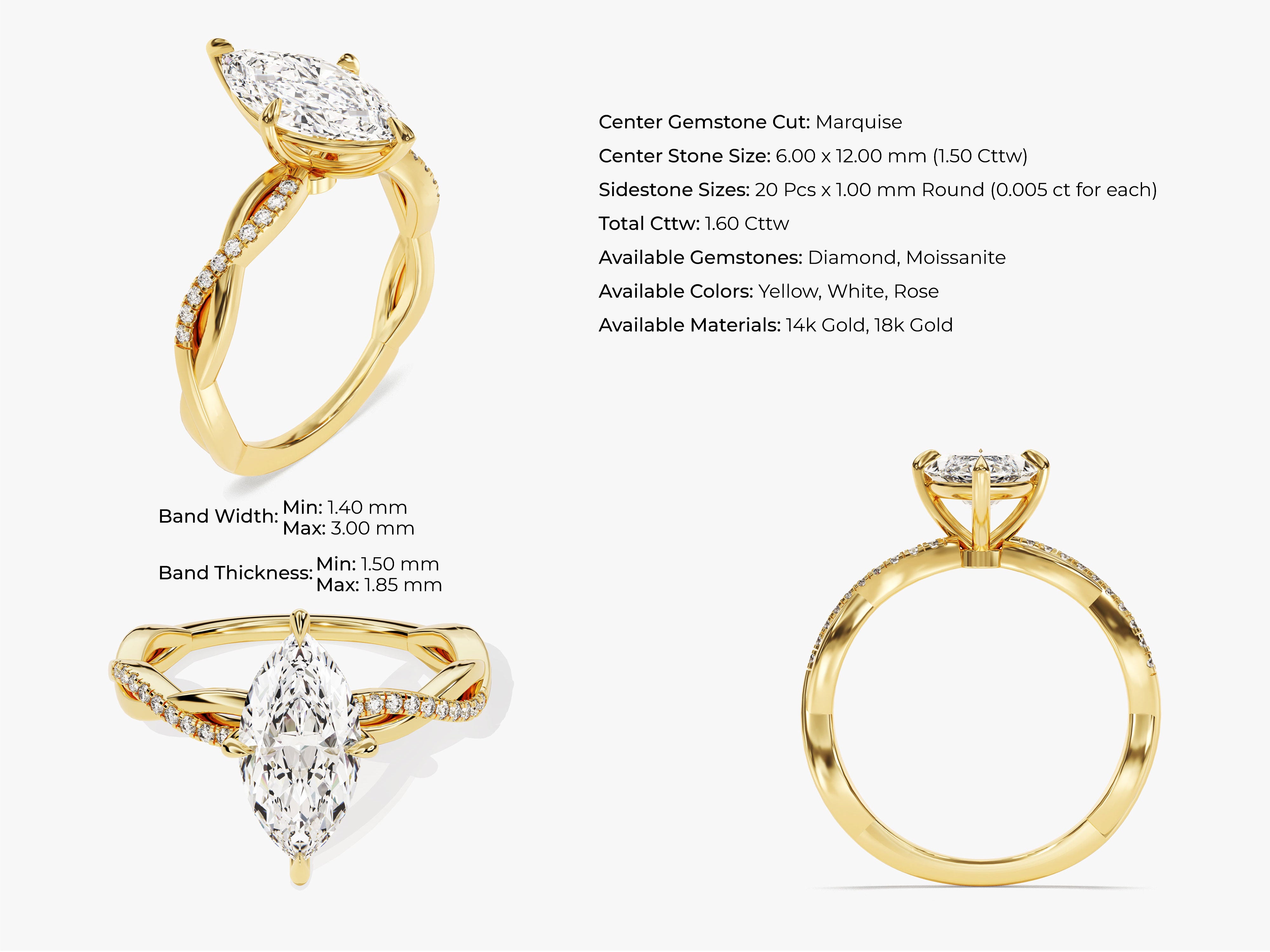 Marquise diamond engagement ring with pave band in gold