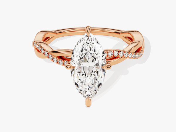 Rose gold marquise diamond engagement ring with pave band