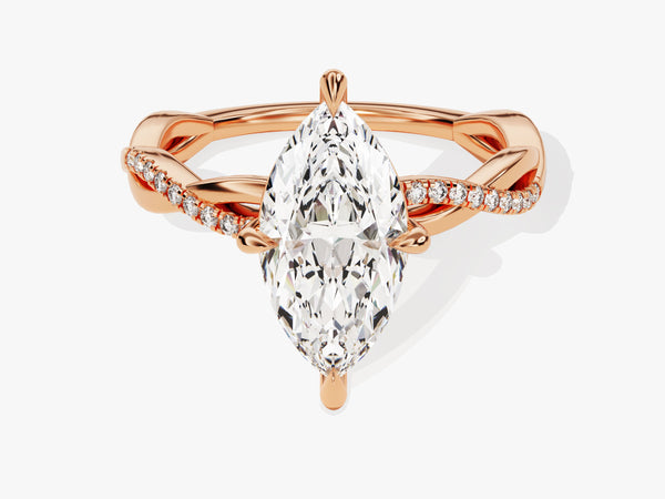 Rose gold marquise diamond engagement ring with pavé band