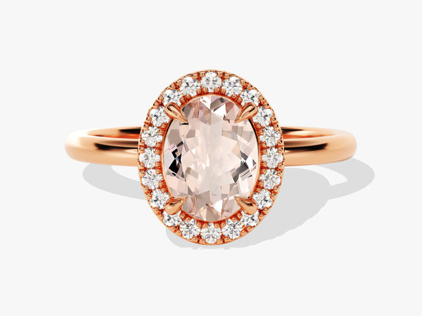 Rose gold oval morganite diamond halo engagement ring