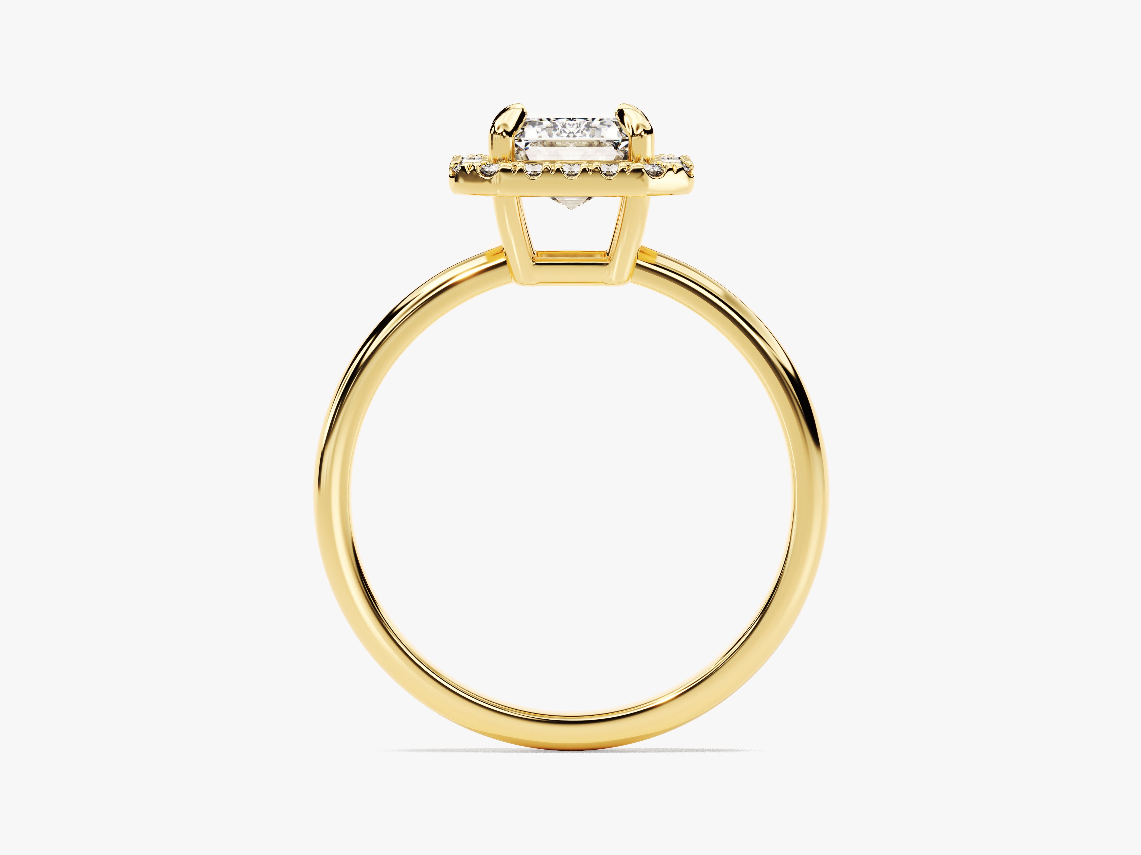 Gold halo ring with a square-cut diamond engagement ring