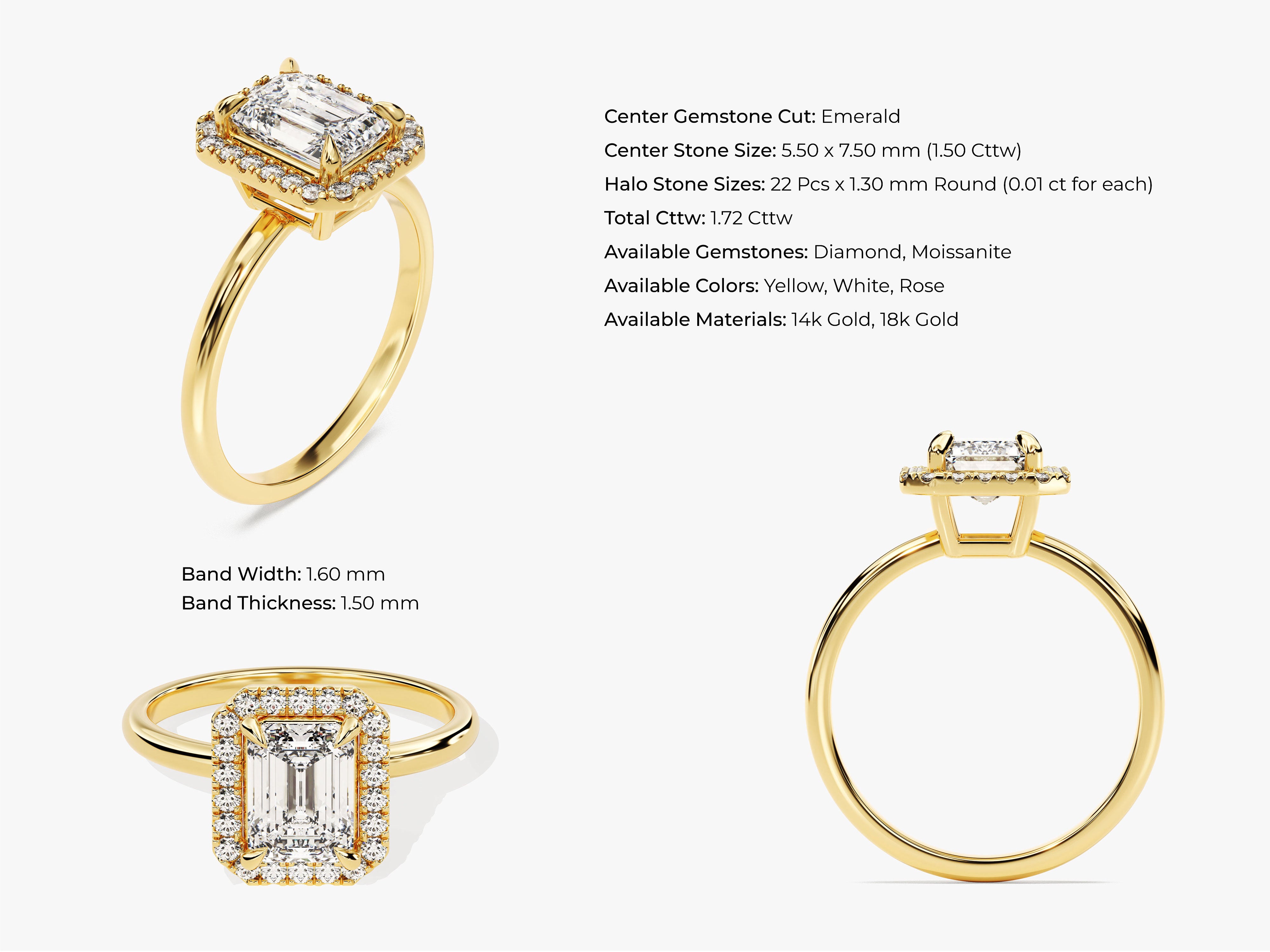 Emerald cut diamond halo ring in 14k gold