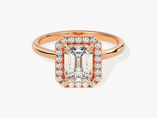 Emerald cut diamond halo ring in rose gold