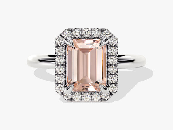 Emerald cut morganite ring with diamond halo, fine jewelry