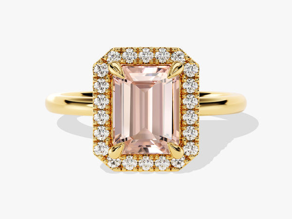 Emerald Cut Peach Morganite Halo Engagement Ring