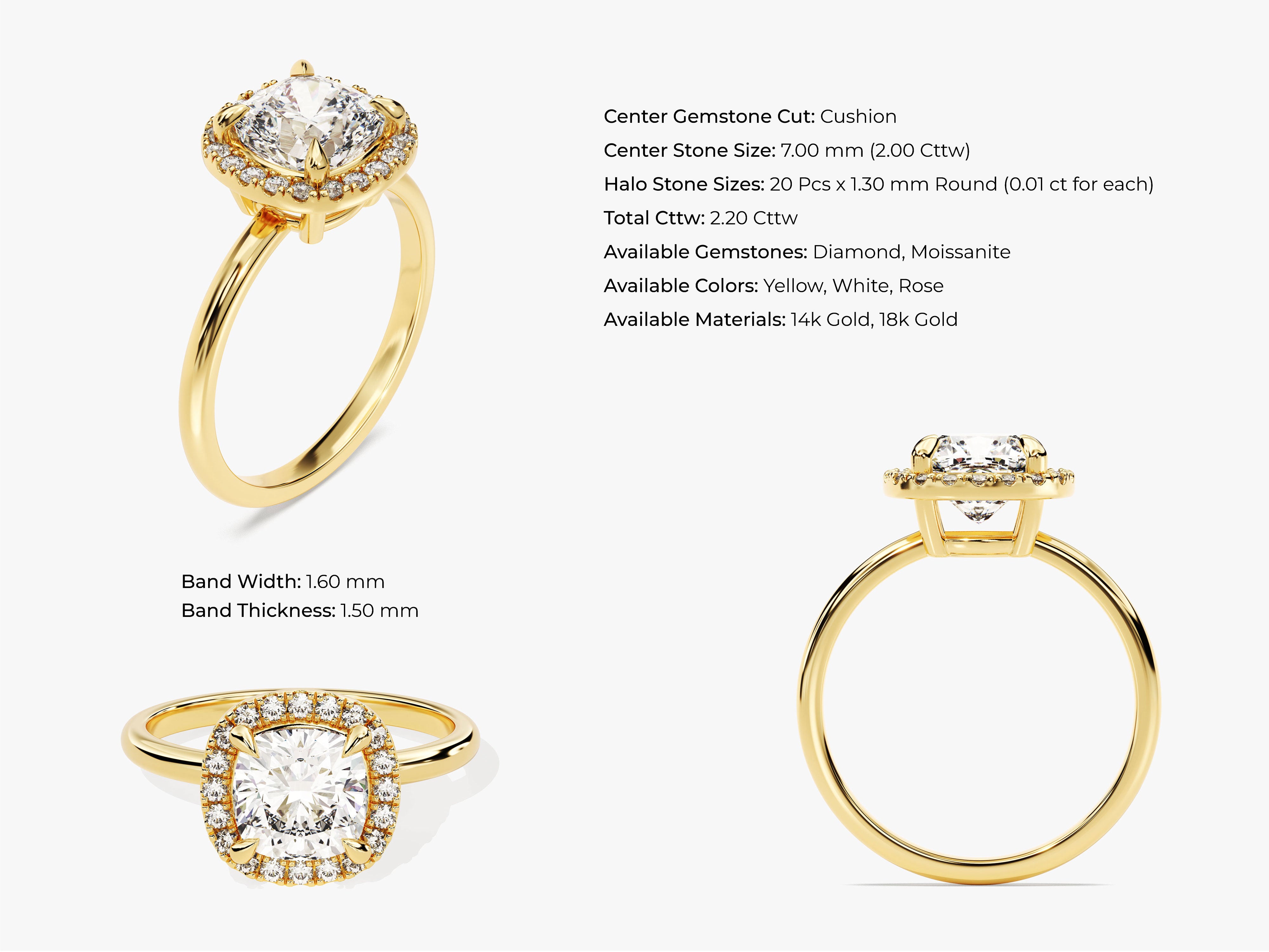 Gold halo ring with cushion-cut diamond engagement jewelry