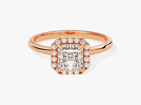 Rose gold halo ring with asscher cut diamond