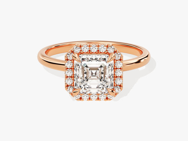 Rose gold halo ring with asscher cut diamond engagement ring