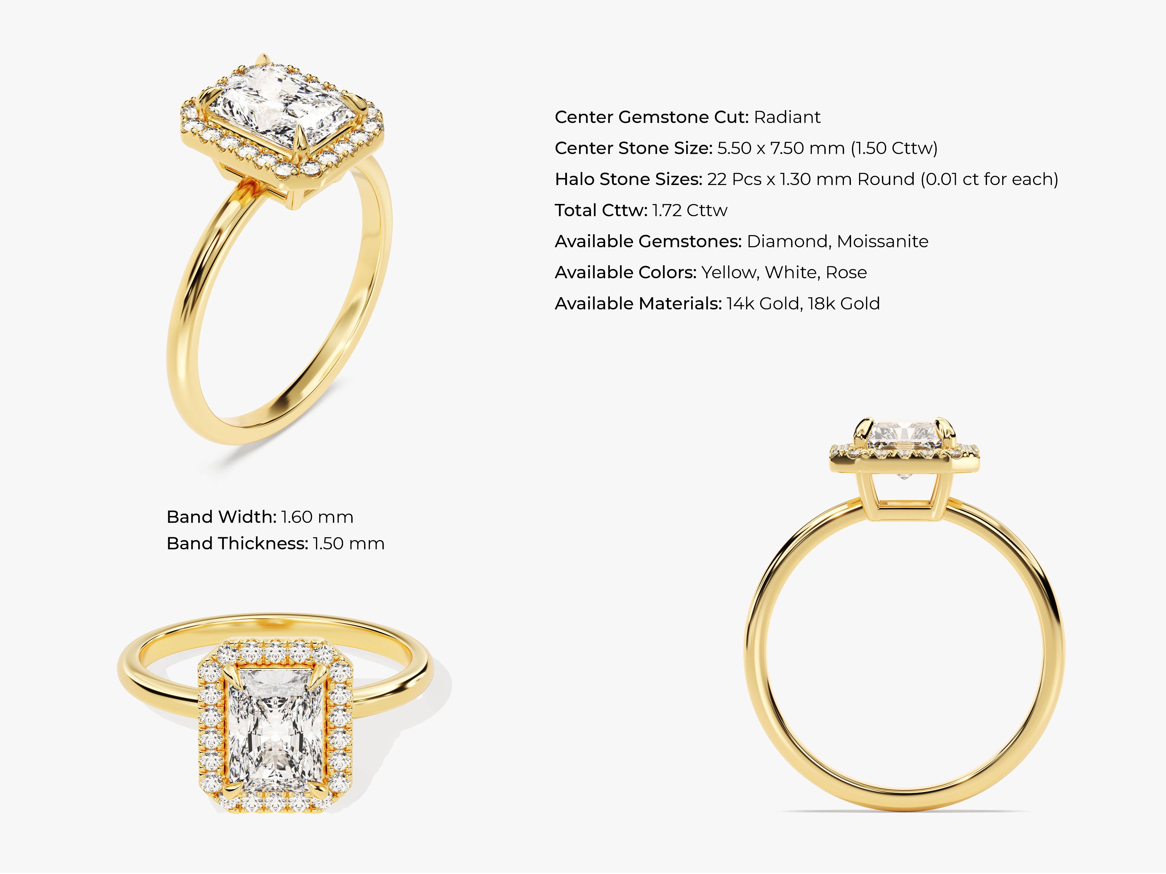 Radiant Halo Moissanite Engagement Ring (1.50 CT)