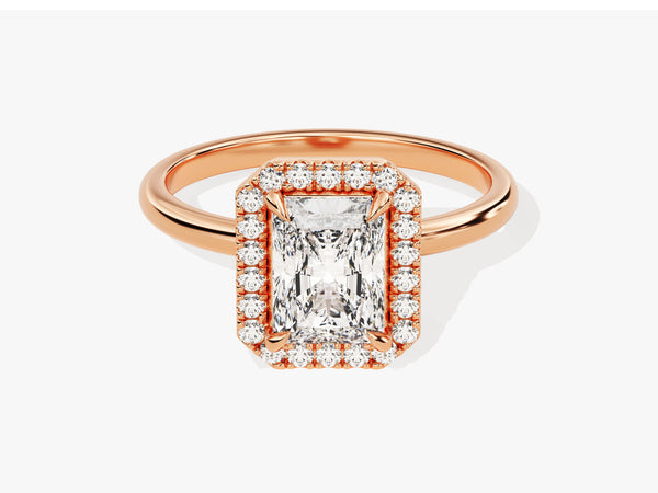 Rose gold halo ring with radiant cut diamond engagement ring