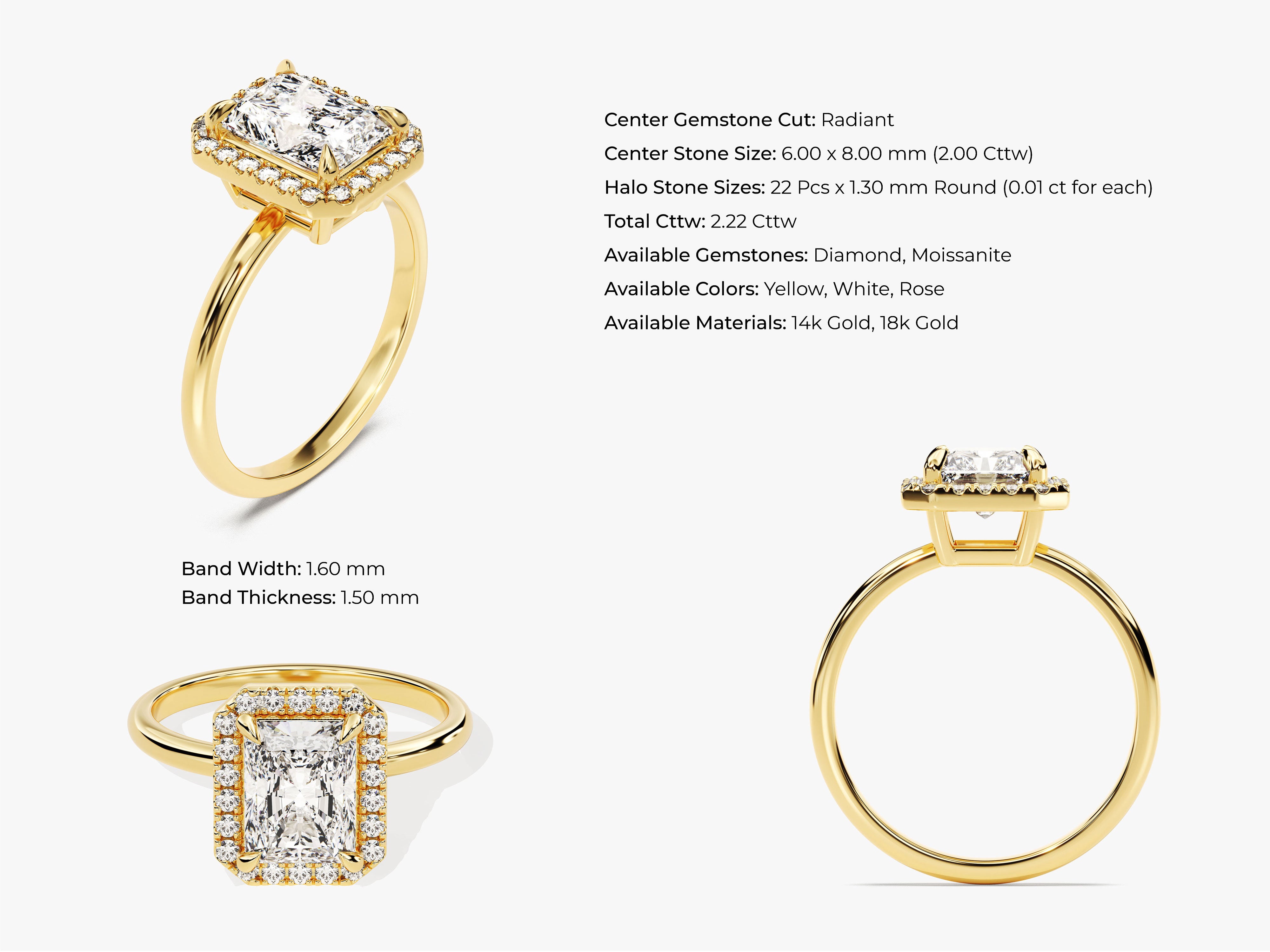 Radiant Halo Moissanite Engagement Ring (2.00 CT)