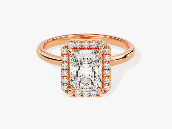 Rose gold radiant cut diamond halo engagement ring