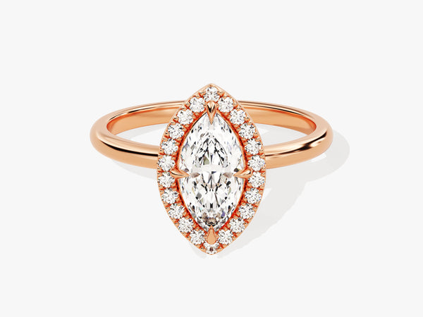 Rose gold marquise diamond engagement ring with halo