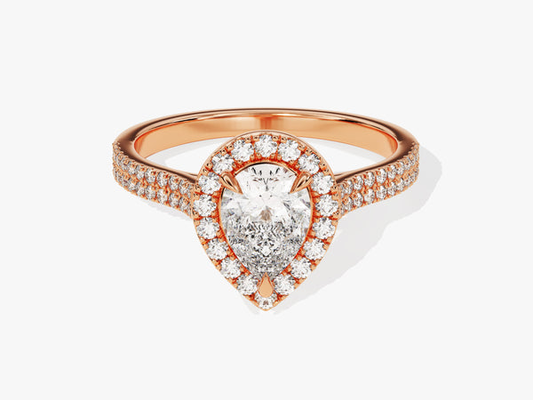 Rose gold pear-shaped diamond engagement ring with halo