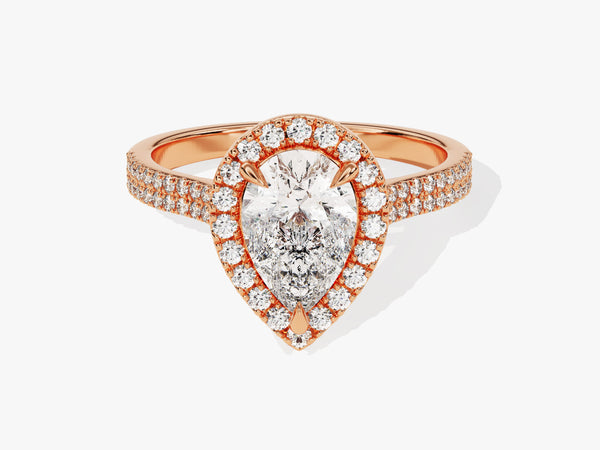 Rose gold pear diamond halo engagement ring