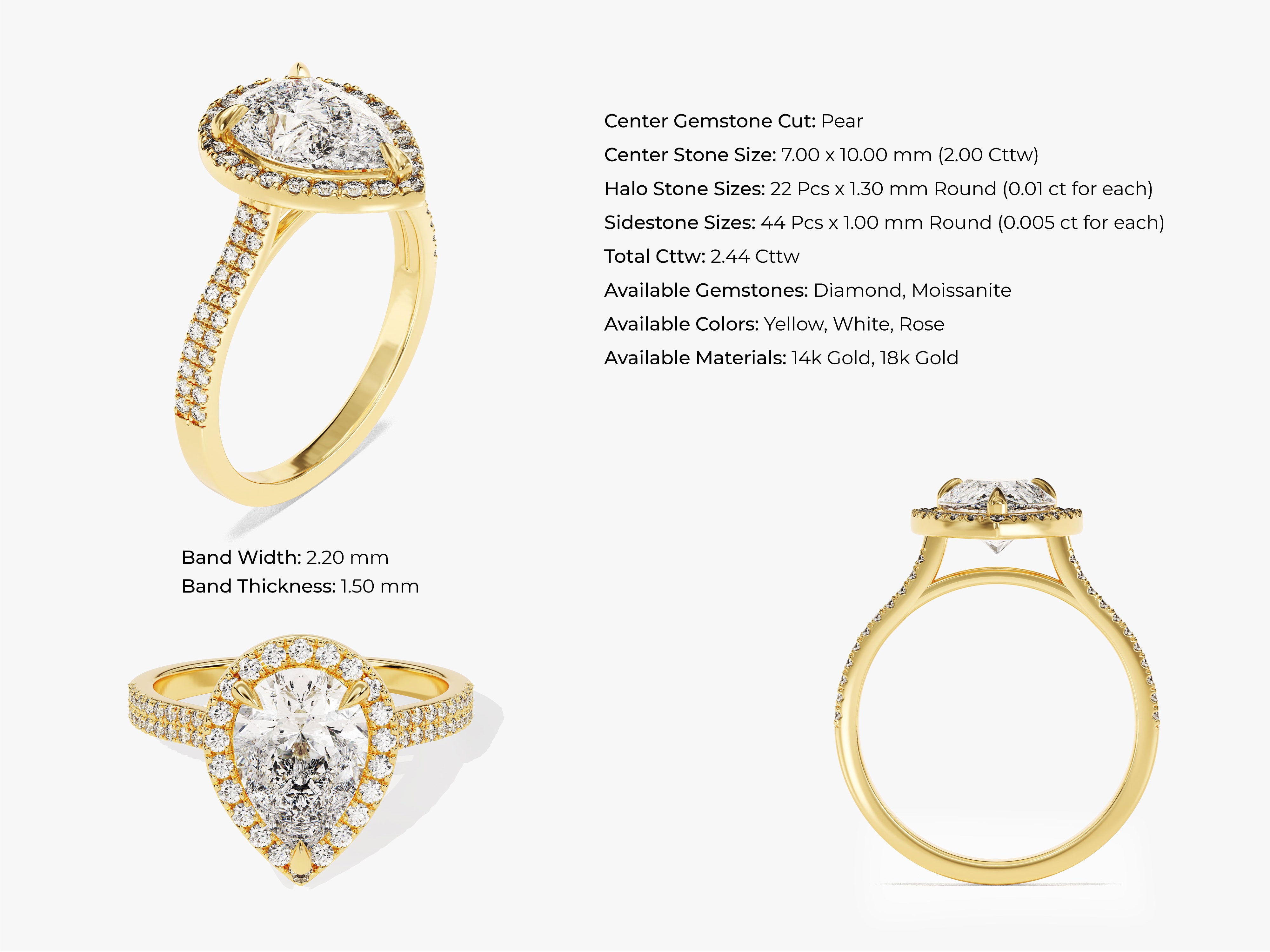 Pear cut diamond halo engagement ring in yellow gold