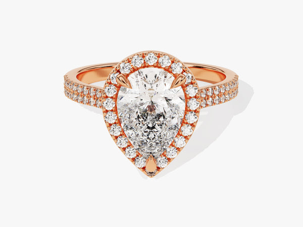 Rose gold pear-shaped diamond engagement ring with halo