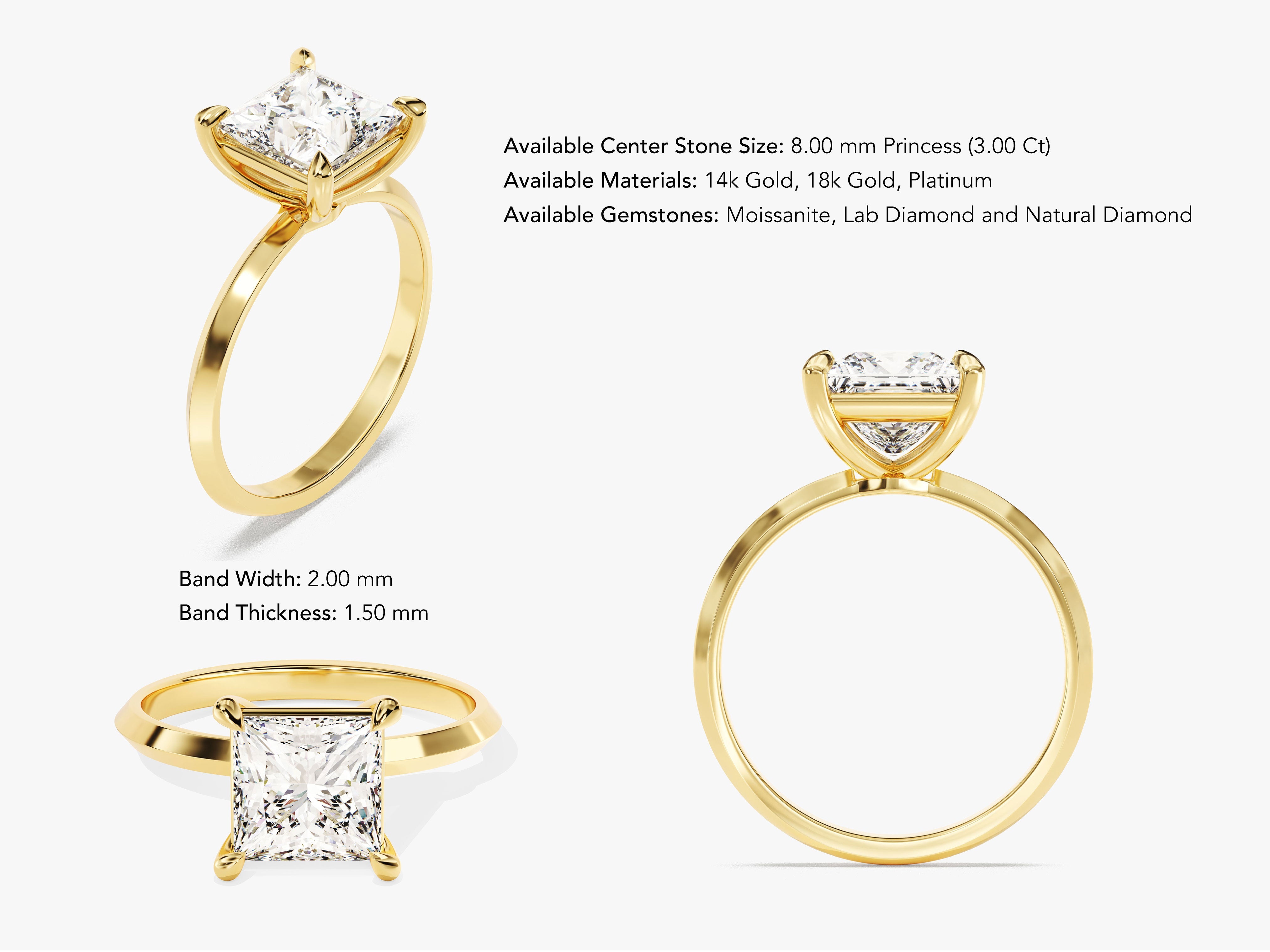 Gold princess cut diamond engagement ring with moissanite and lab diamond options