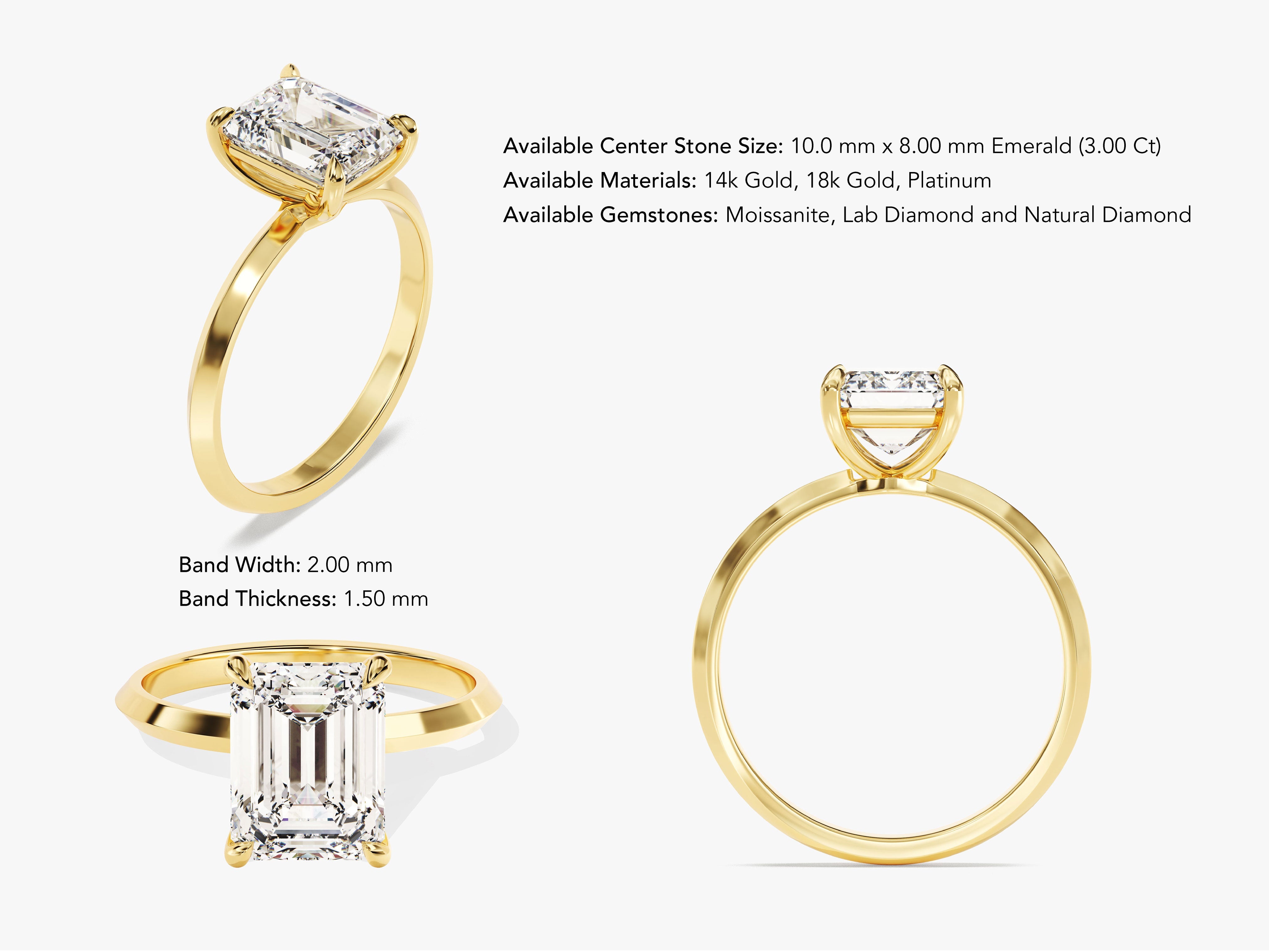 Emerald cut diamond ring in yellow gold, available with moissanite, lab, natural diamonds