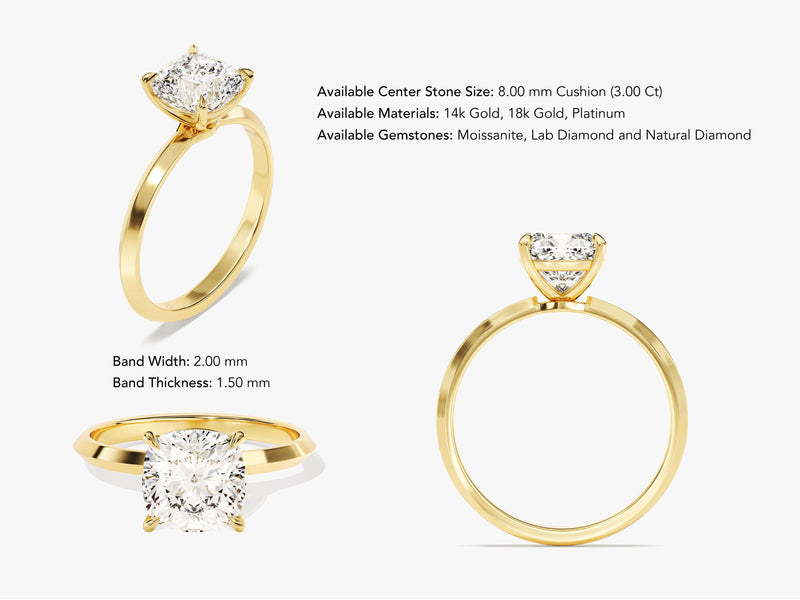 Gold ring with cushion cut diamond, available in platinum and various gemstones