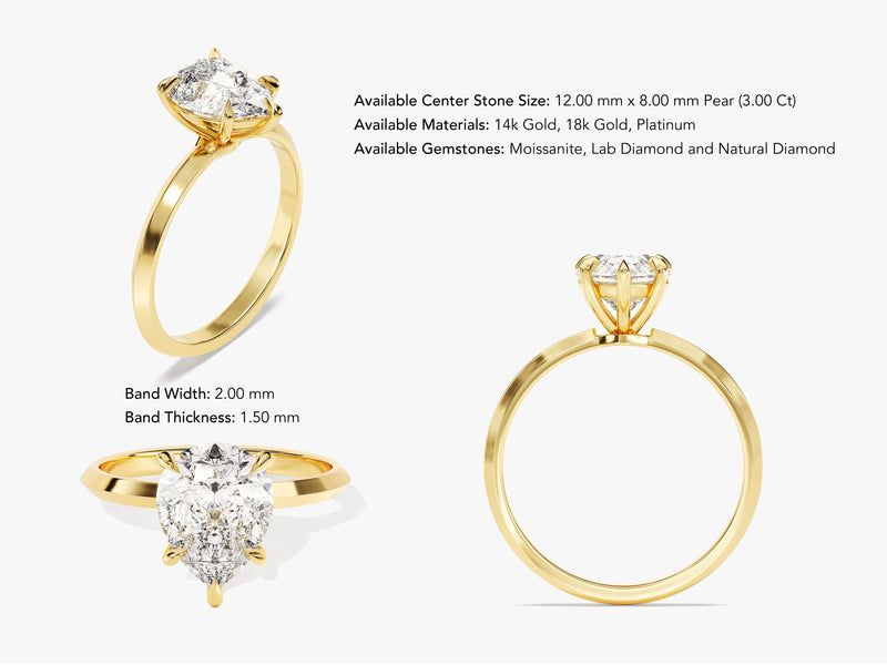 Gold pear cut diamond engagement ring with moissanite and lab diamond options