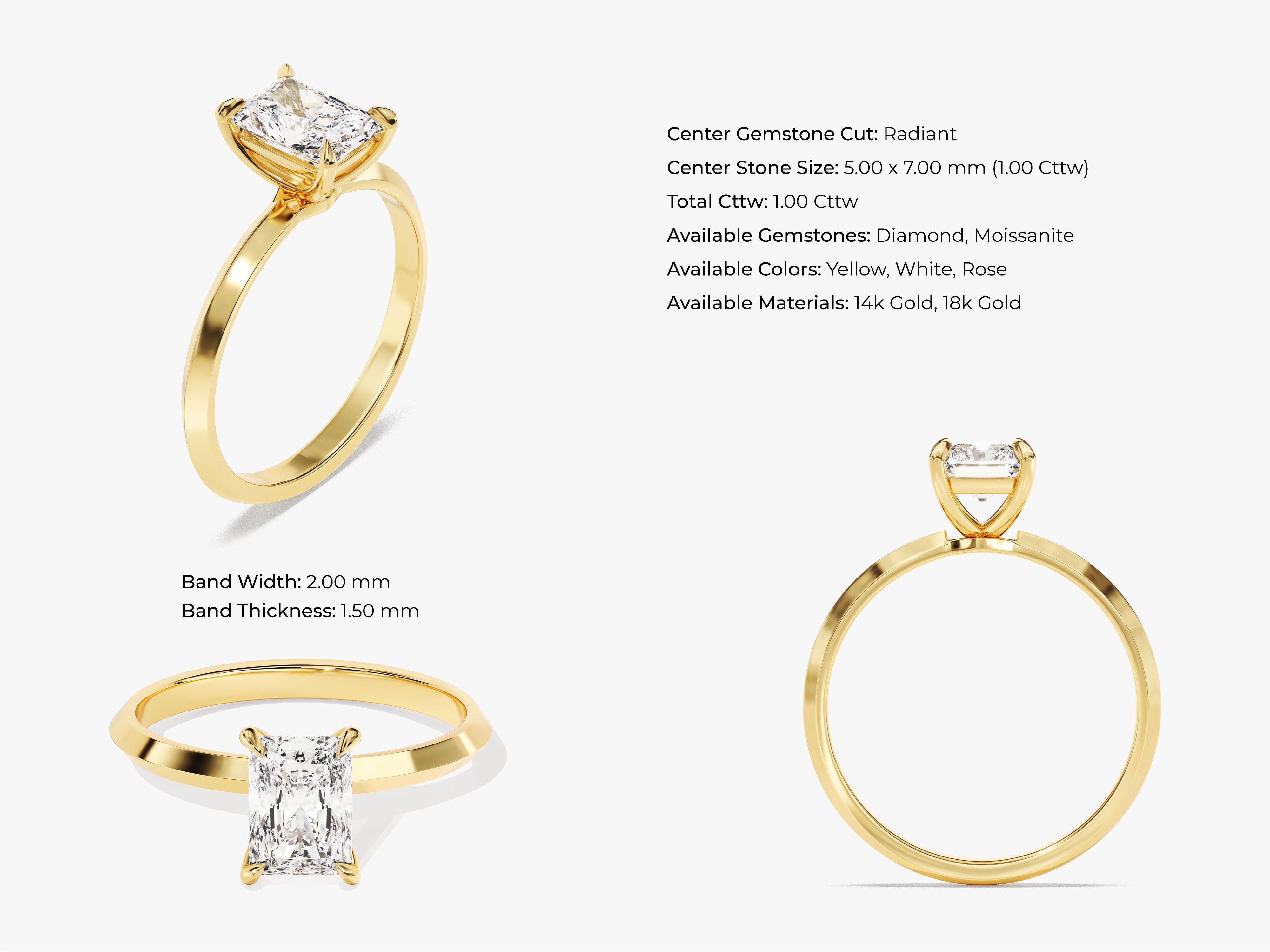 Radiant cut diamond engagement ring in 14k gold