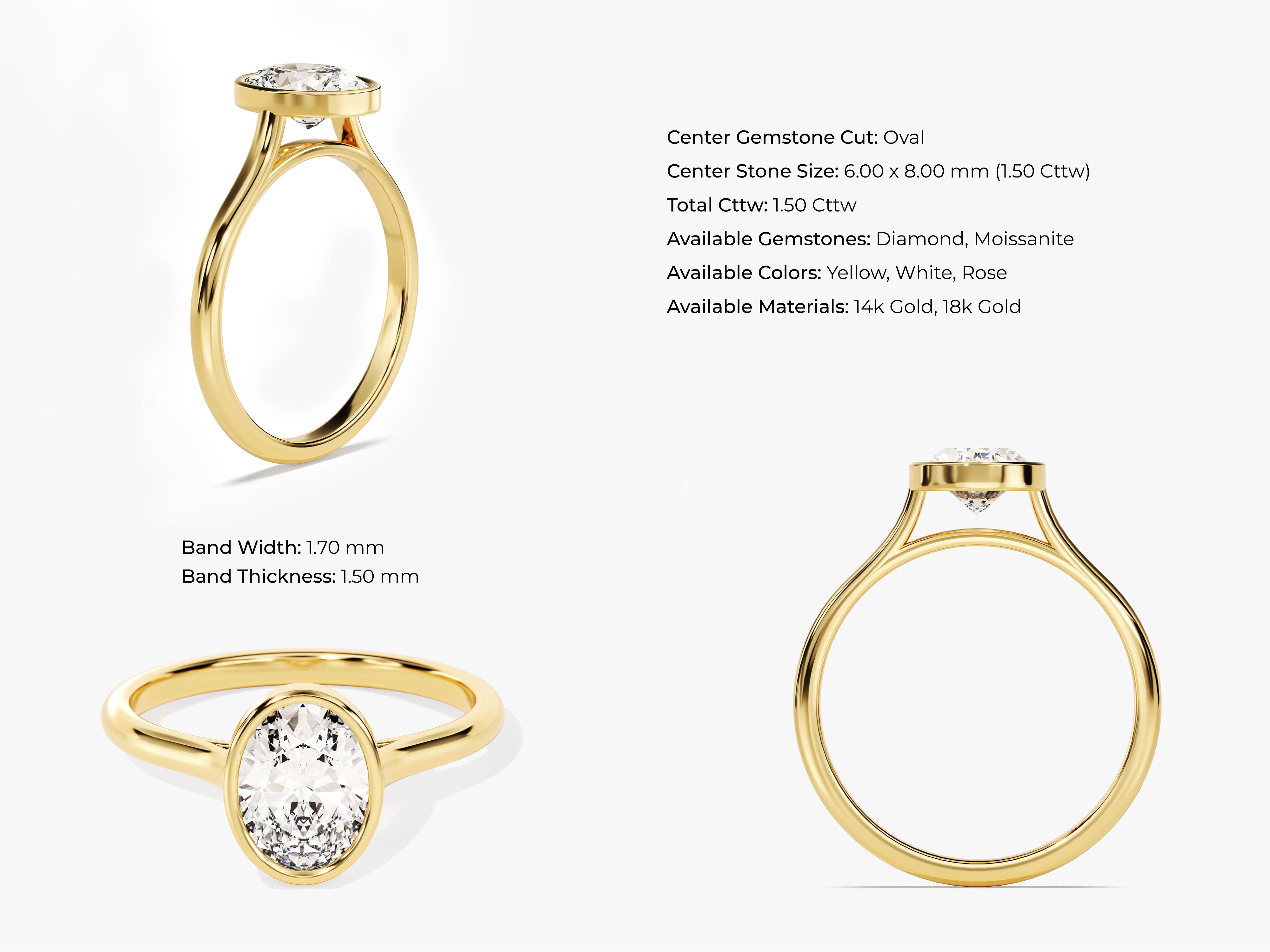 Oval diamond bezel set solitaire ring in 14k gold