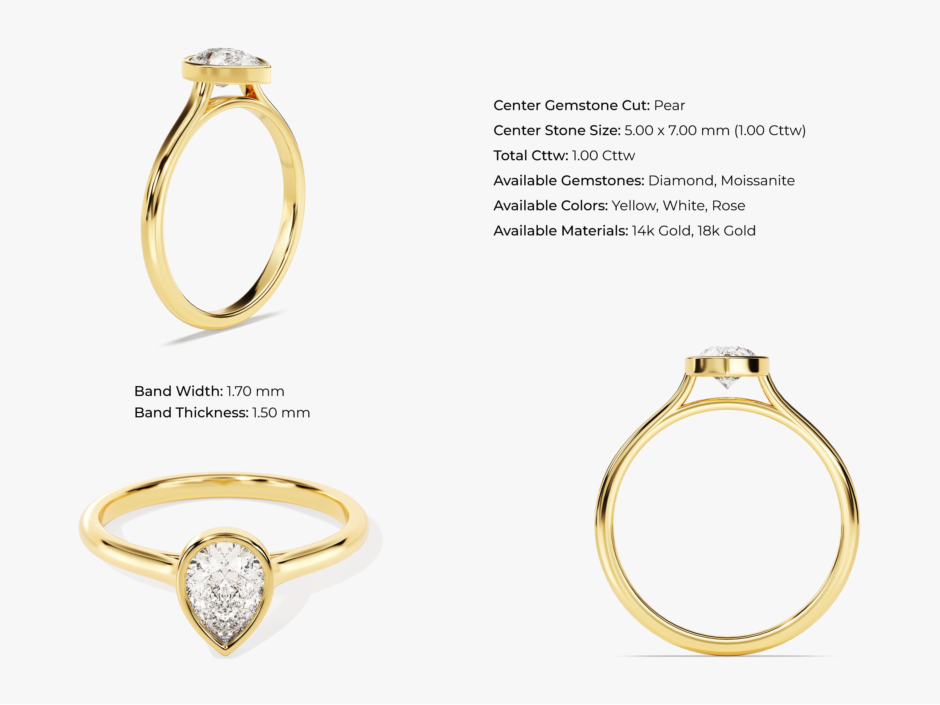 Gold pear cut diamond solitaire ring with bezel setting