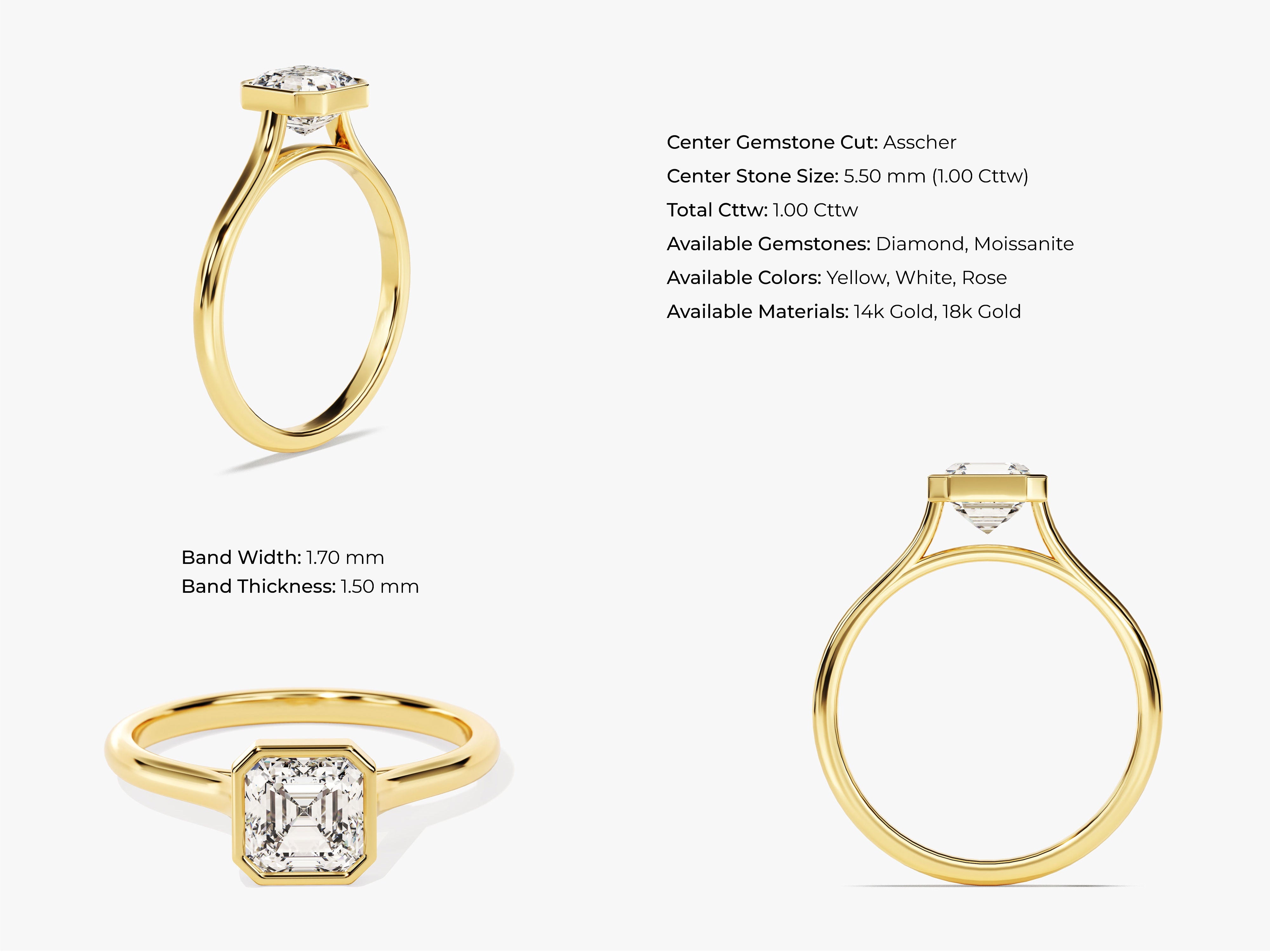Asscher cut diamond solitaire ring in 14k gold