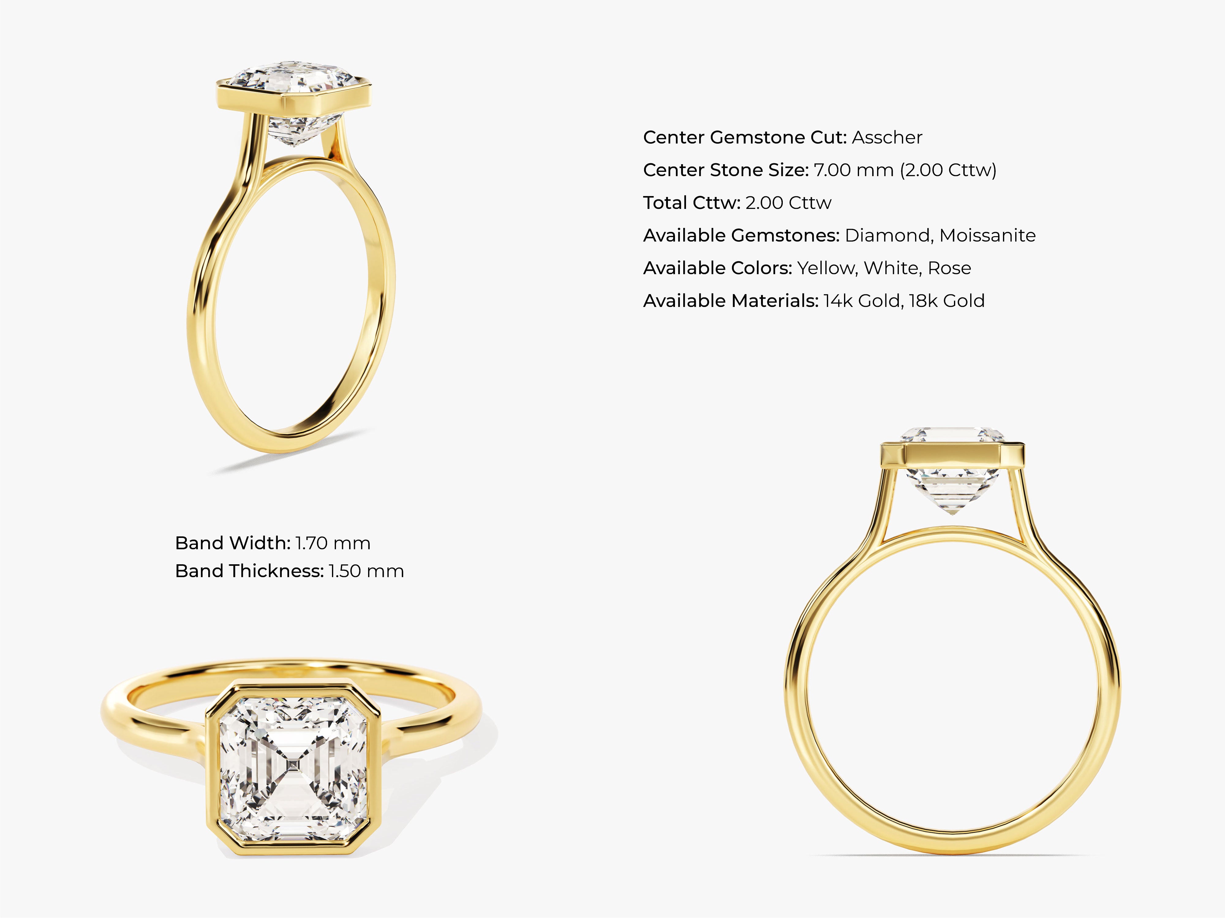 Gold Asscher cut diamond engagement ring with bezel setting