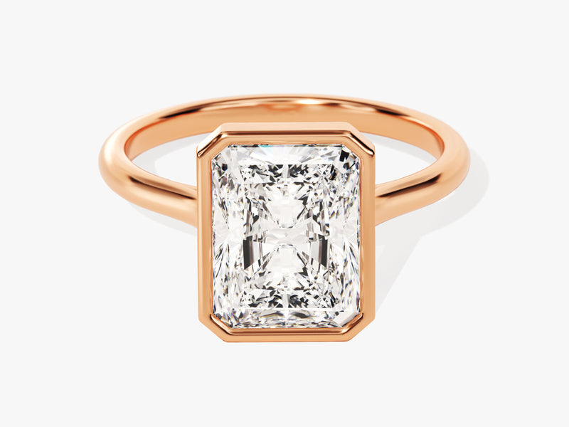 Rose gold ring with radiant cut diamond bezel setting