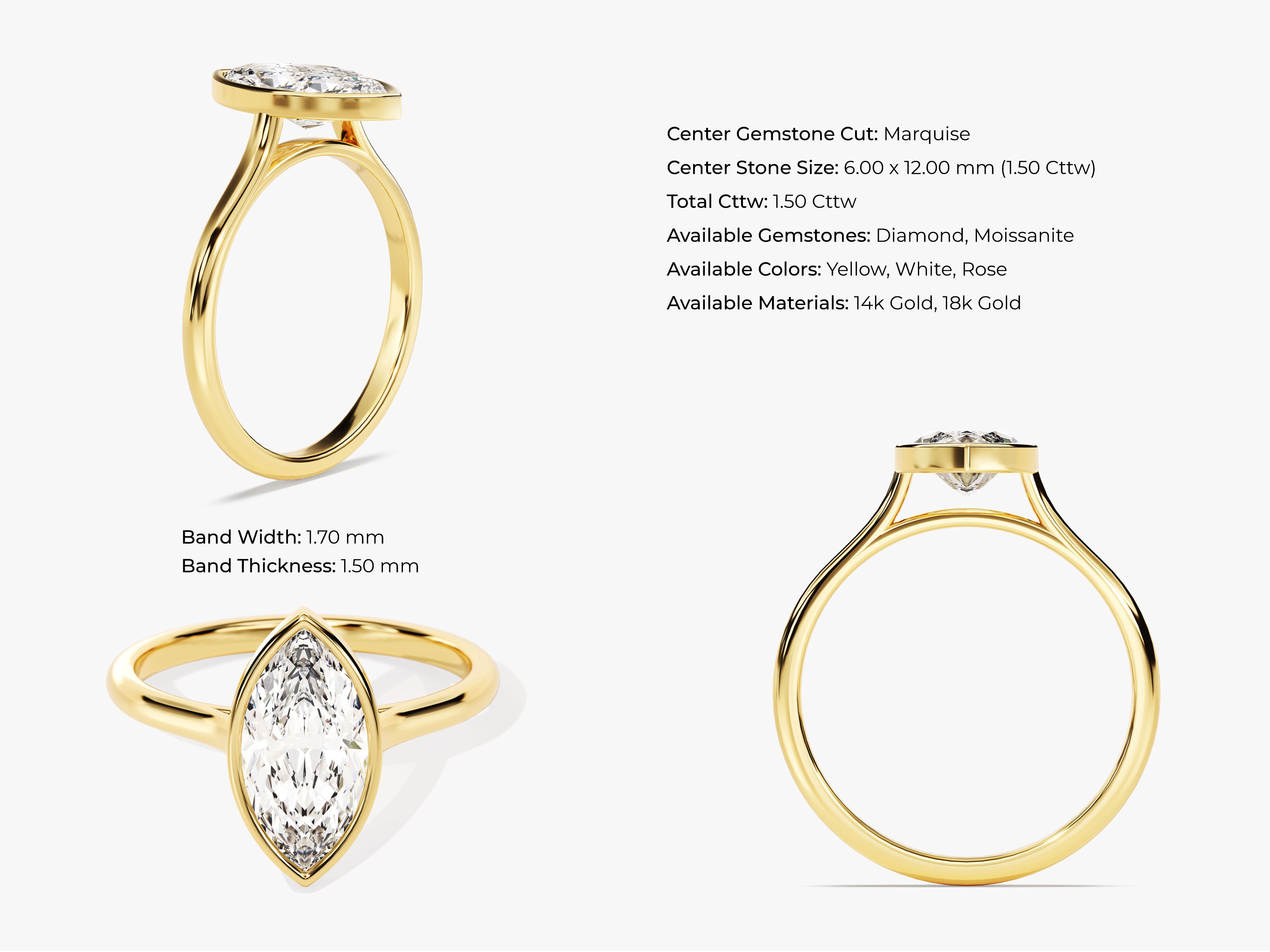 Marquise diamond ring in 14k gold, available in yellow, white, rose