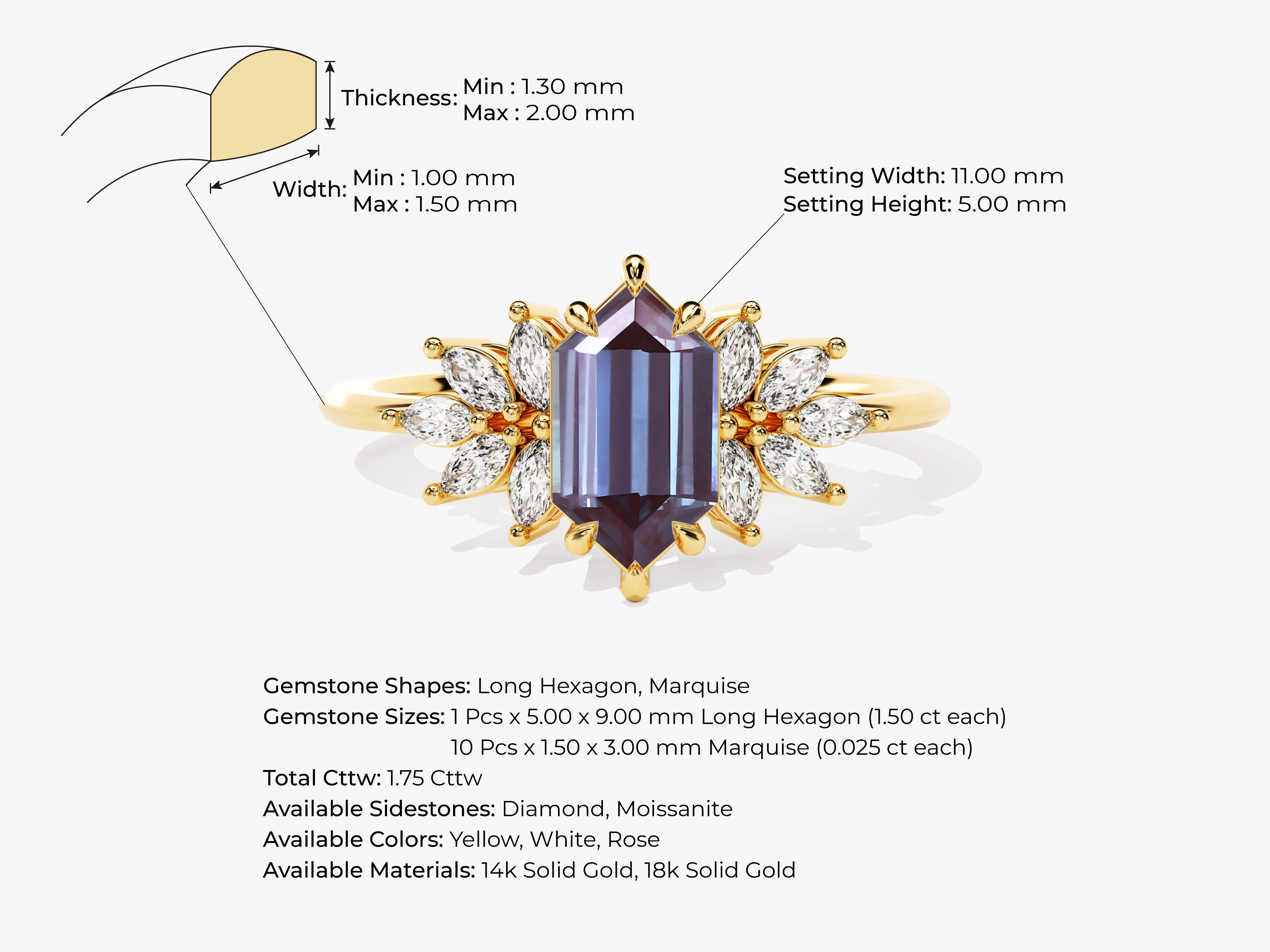 Gold ring with hexagon and marquise gemstones