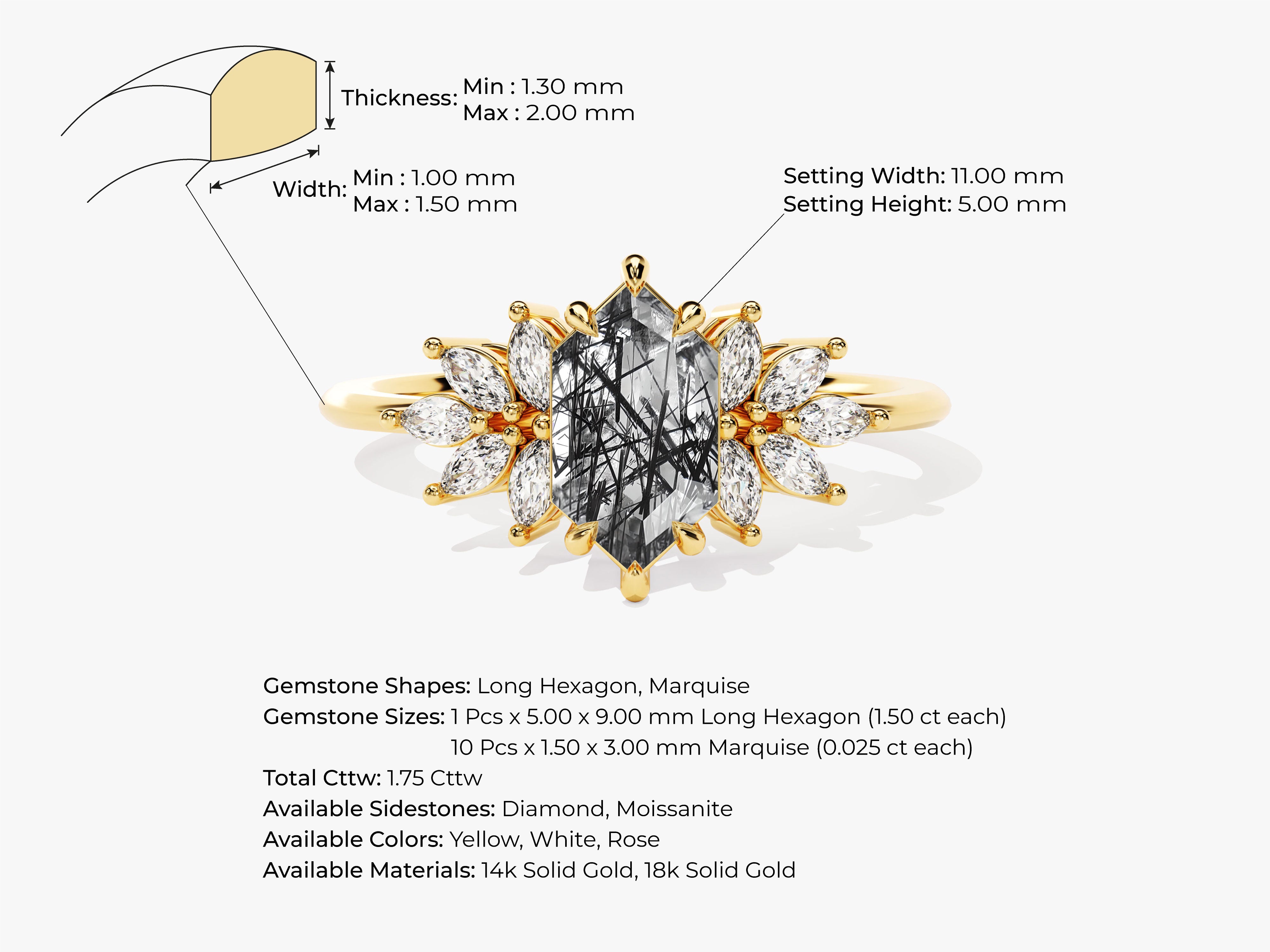 Gold ring with hexagon and marquise cut gemstones