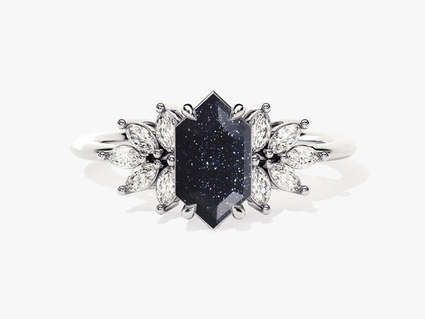 Hexagonal blue sandstone ring with marquise diamond halo