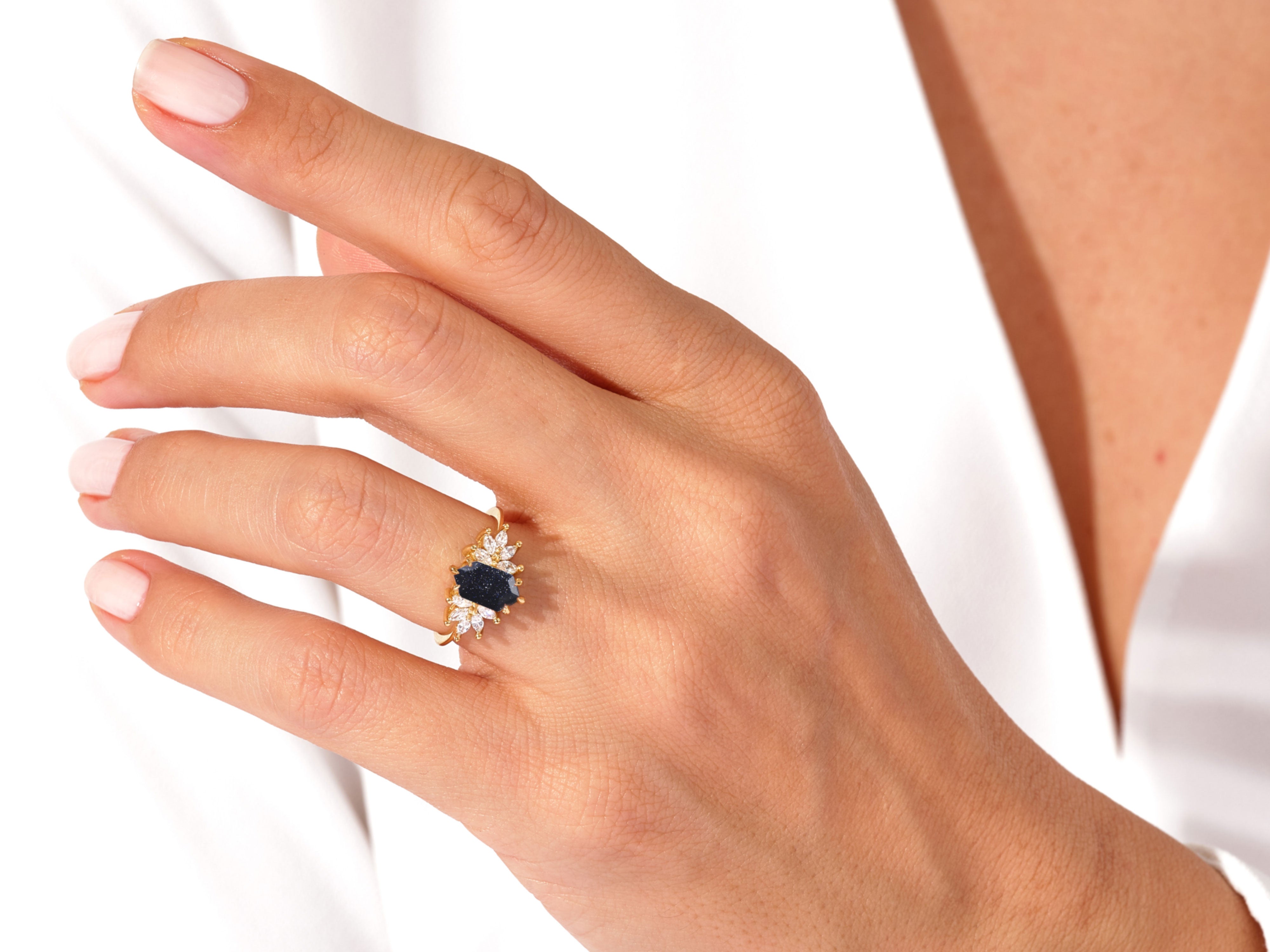 Long Hexagon Blue Sandstone Engagement Ring with Moissanite Sidestones