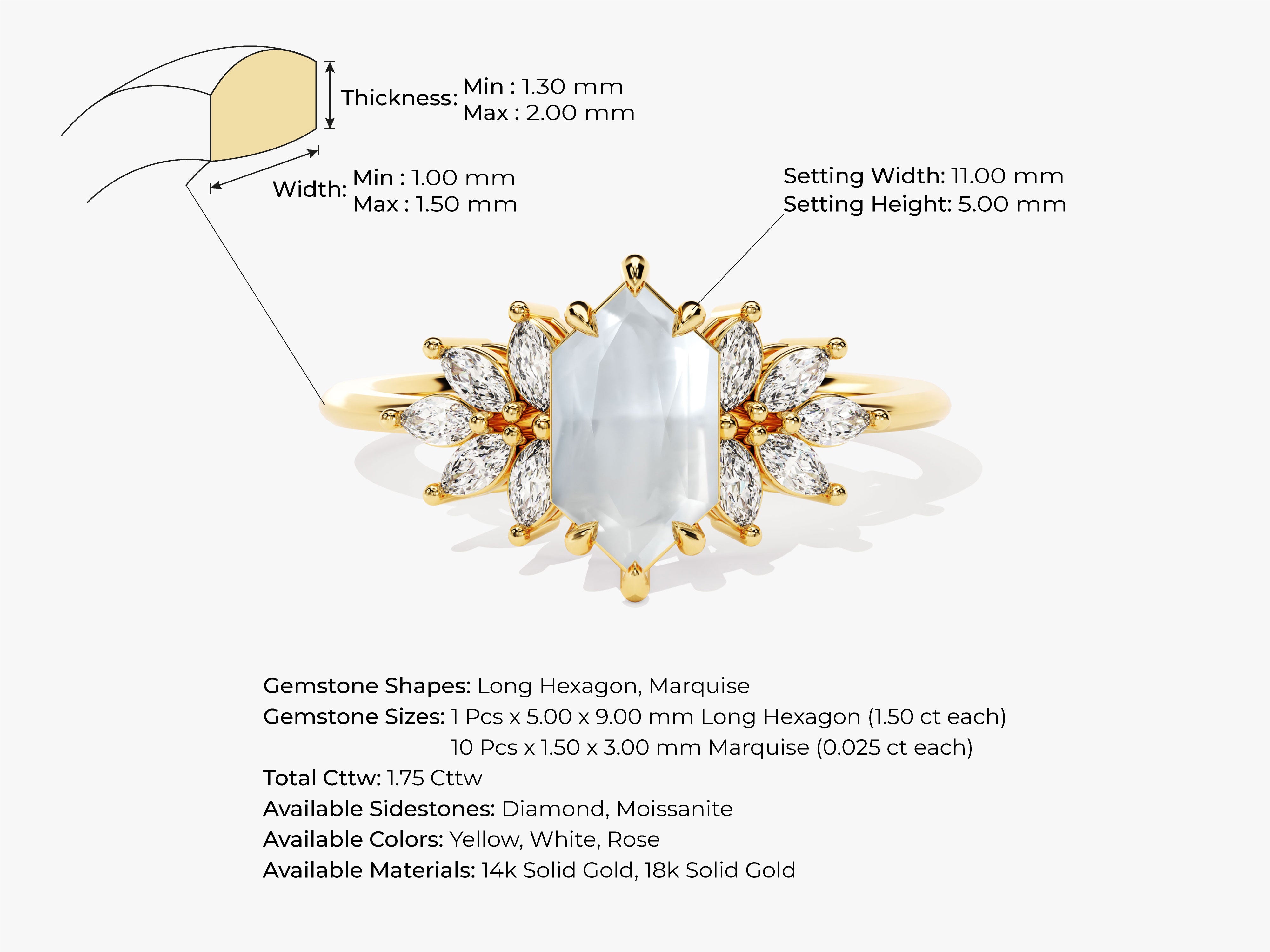 Gold ring with hexagon and marquise gemstones