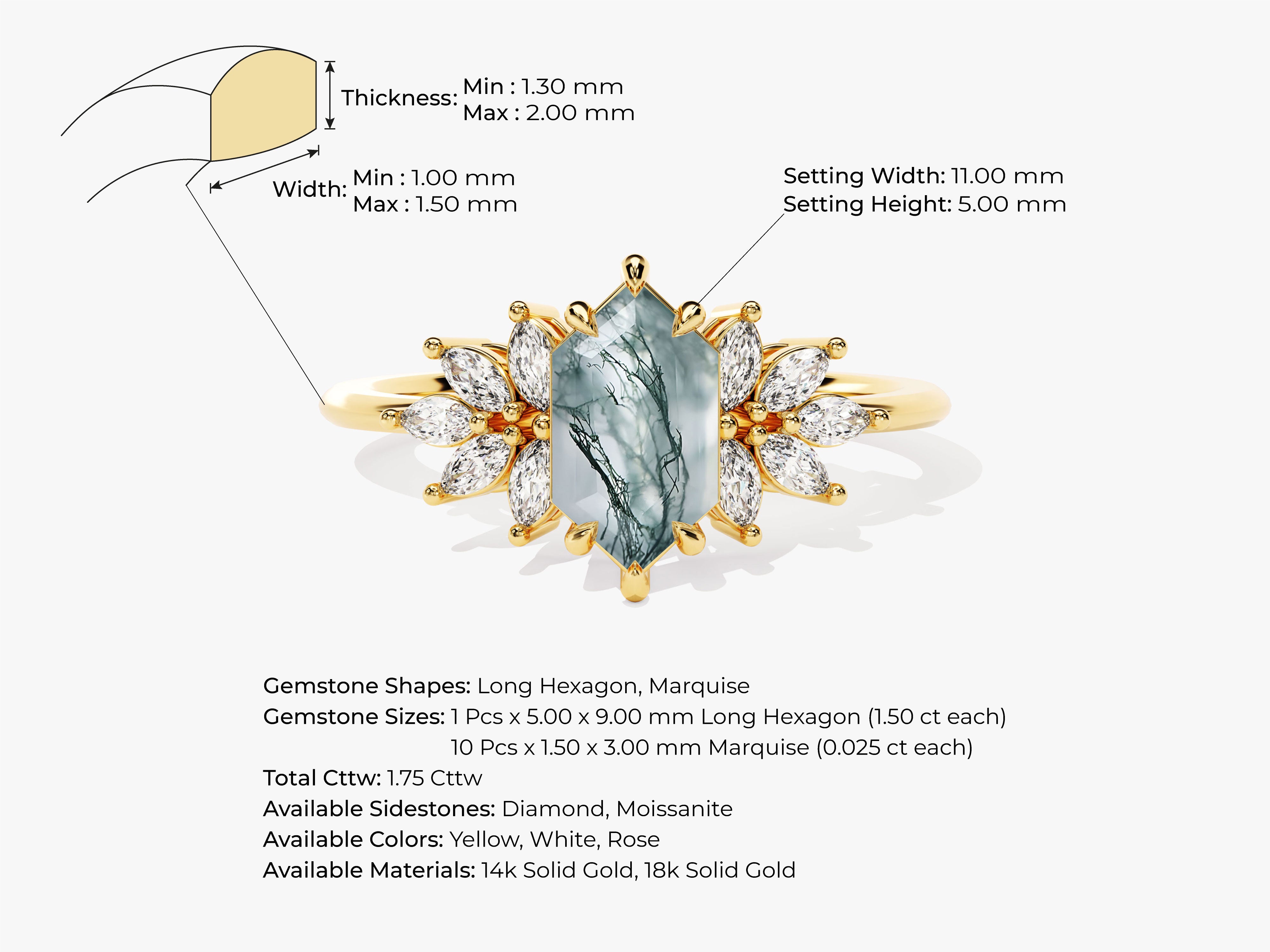Gold ring with marquise cut moss agate and diamond accents